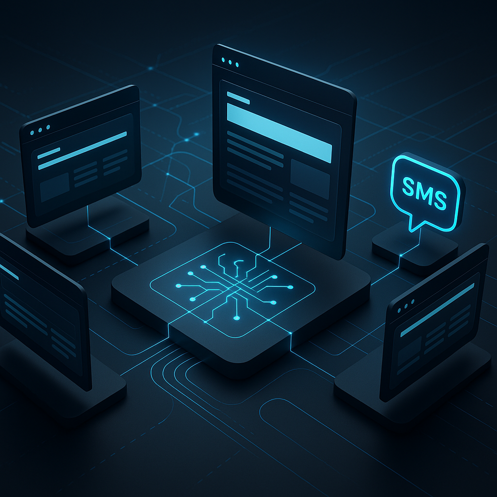 iAge BOSS Publishing CMS — isometric illustration of the publisher stack with SMS, email and content delivery channels